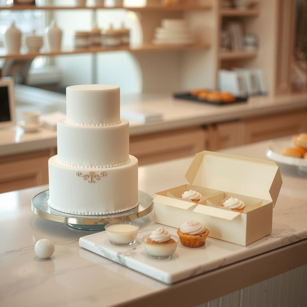 A two-tier celebration cake beside a gift box of individual cakes on a marble counter
